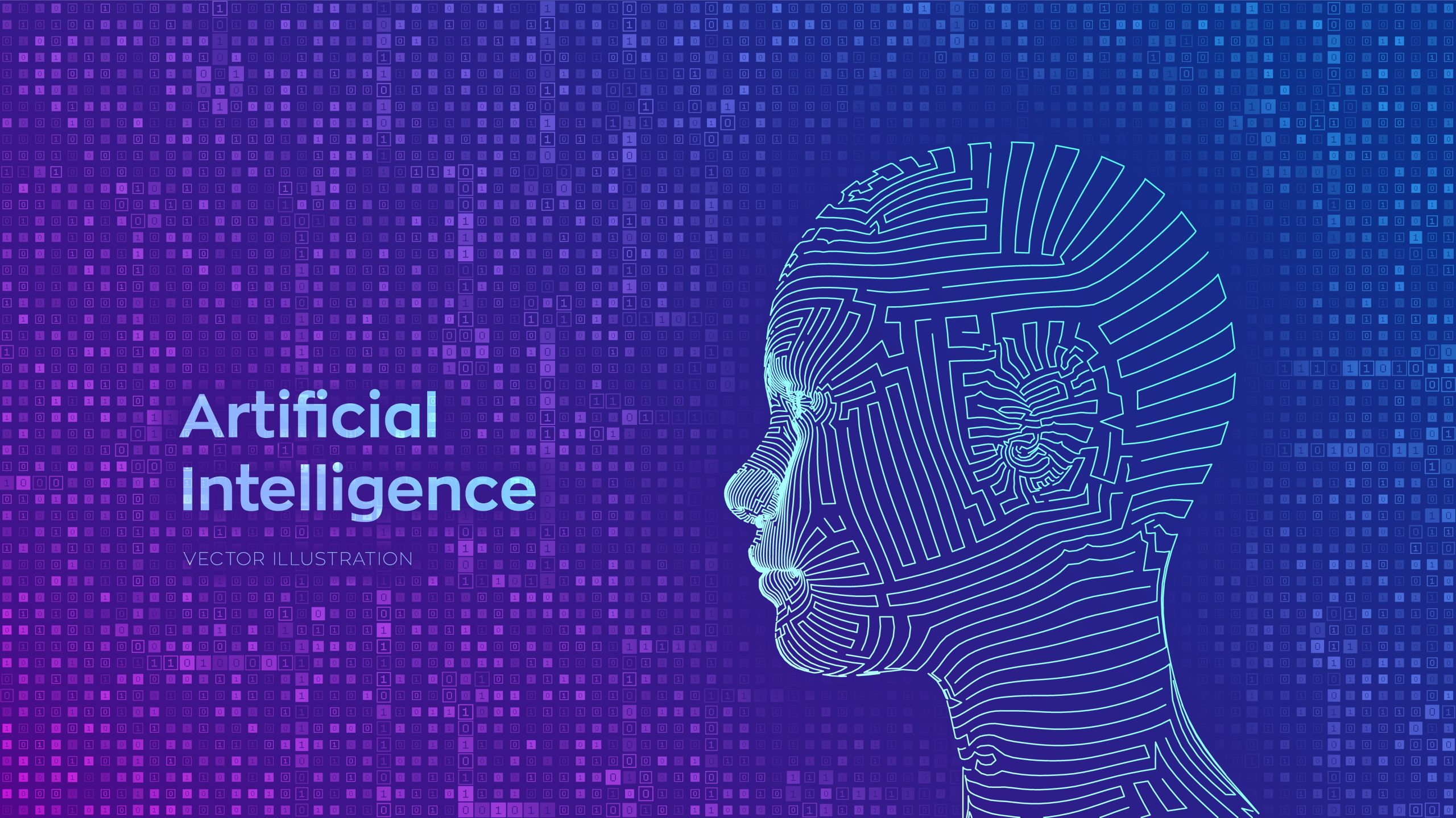 AI. Artificial intelligence concept. Abstract wireframe digital human face on streaming matrix digital binary code background. Human head in robot digital computer interpretation. Vector illustration.